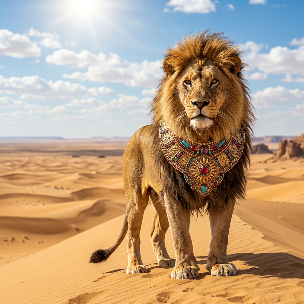 Lion Royal & Plastron Solaire dans le Désert