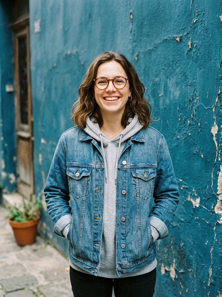 Portrait Denim & Sweat à Capuche Mur Bleu