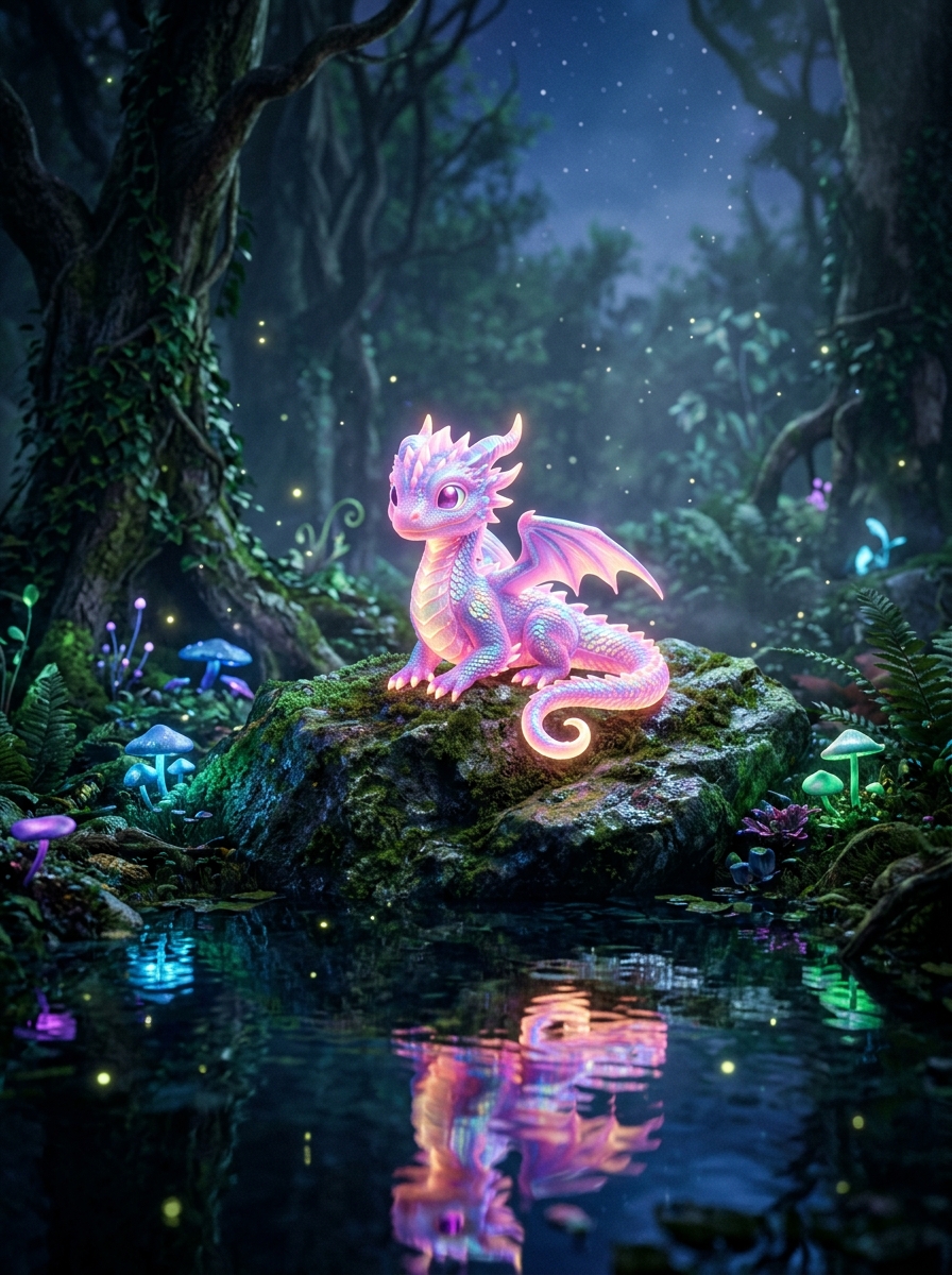 Bébé Dragon Luminescent & Forêt Enchantée