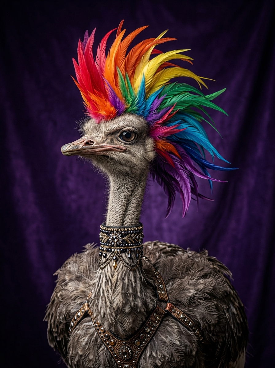 Autruche Punk Haute Couture & Crête Arc-en-ciel