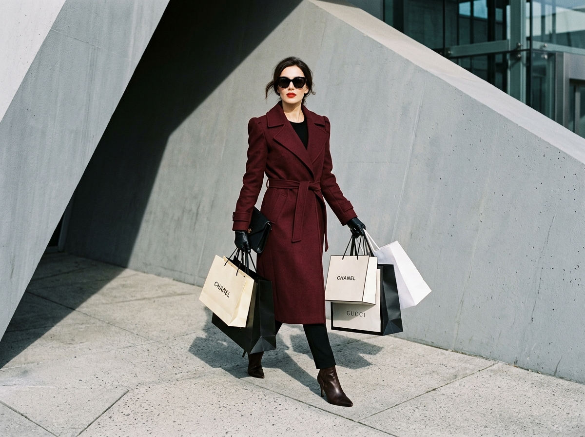 Haute Couture Manteau Bordeaux & Sacs de Luxe