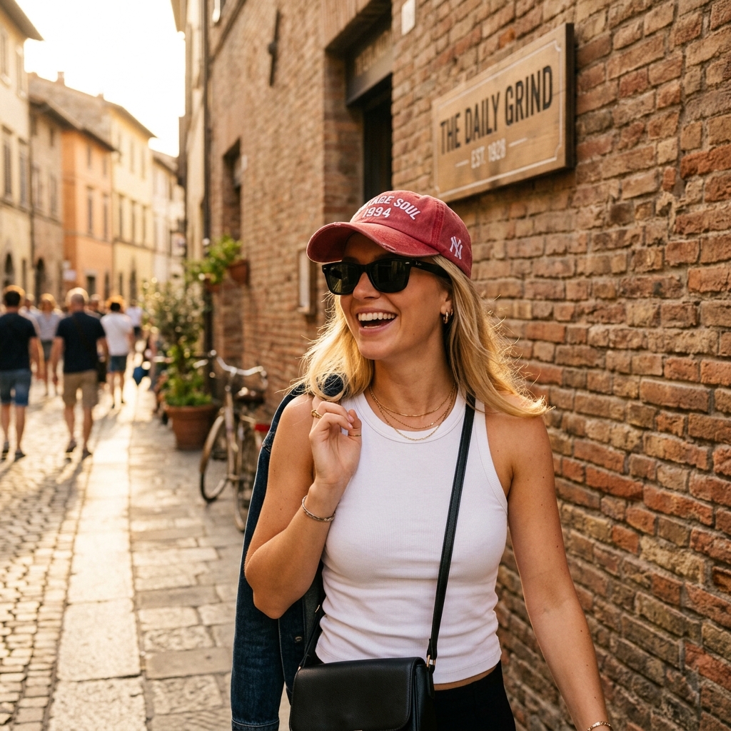 Portrait Solaire Casquette Rouge & Ruelle Ancienne